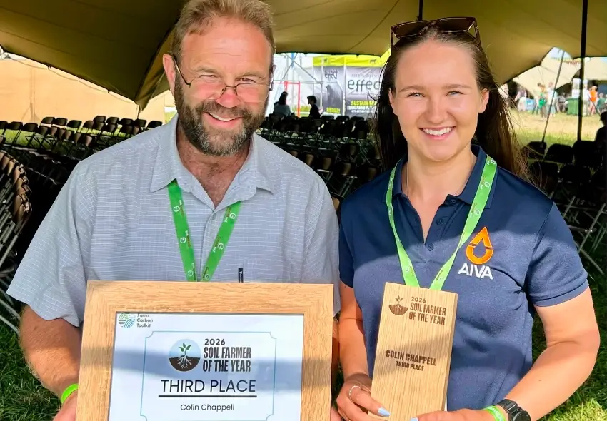 Laura and Colin at Groundswell 2026, Colin picking up 3rd place in Soil Farmer of the Year 2026